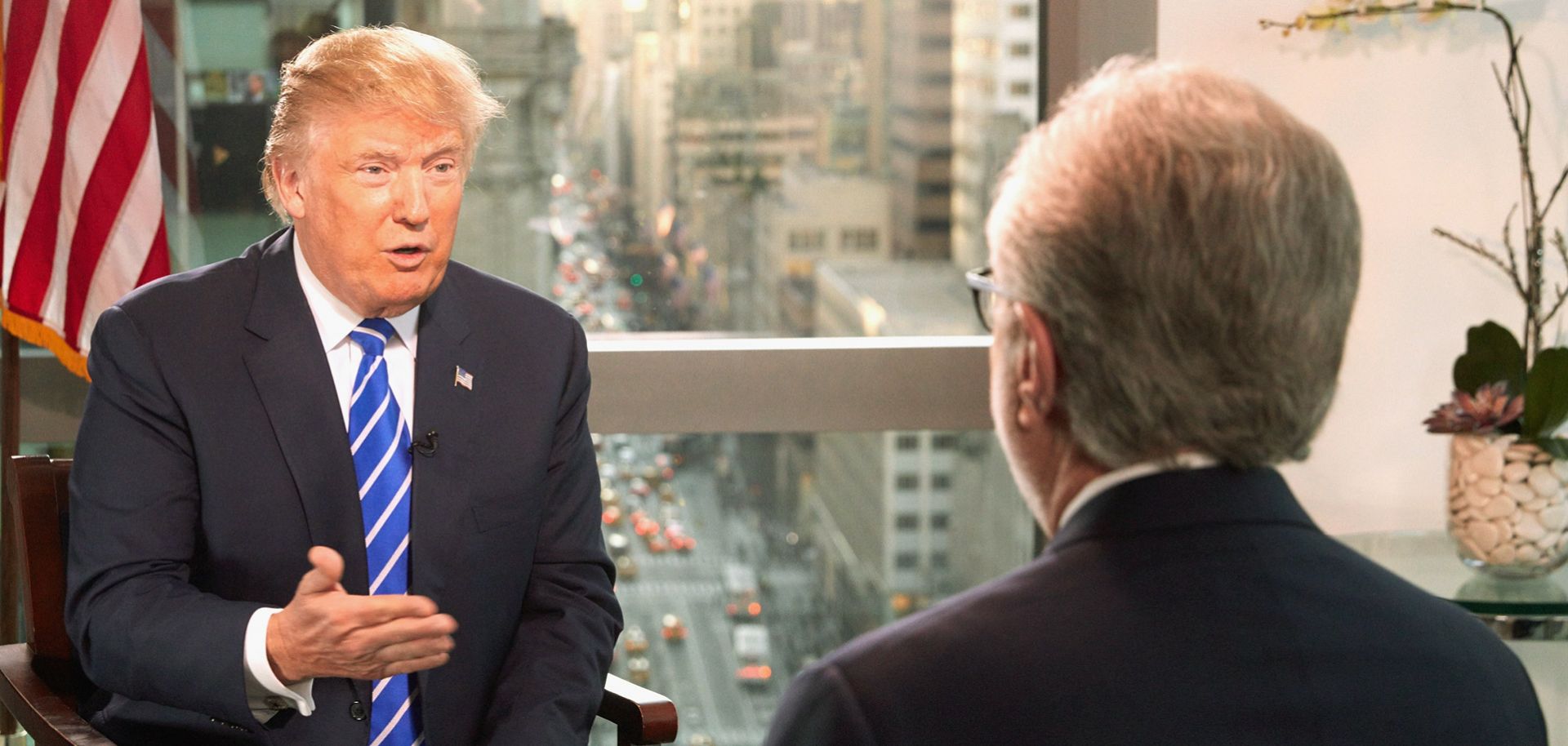 Republican Presidential Candidate Donald Trump interviewed by journalist Wolf Blitzer for The Situation Room on CNN on January 6, 2016 in New York City.