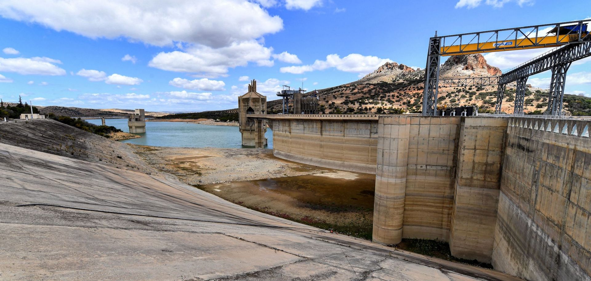 Low water levels are seen at the Sidi Salem Dam, Tunisia's largest embankment dam, on April 6, 2023. 