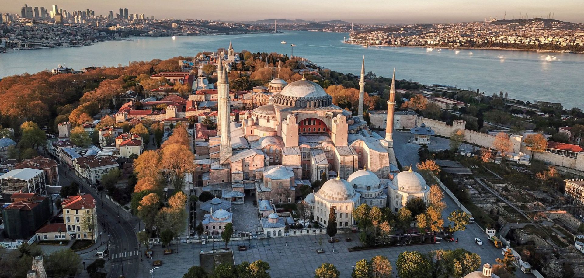 This aerial picture taken on April 25, 2020, shows the Hagia Sophia museum in Istanbul, Turkey. 
