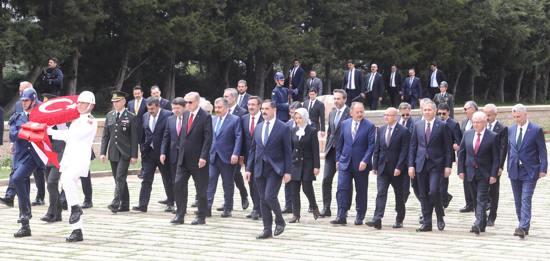 Turkish President Recep Tayyip Erdogan (center left, wearing a red tie) and his newly appointed cabinet members visit the Anıtkabir memorial site in Ankara, Turkey, on June 6, 2023.
