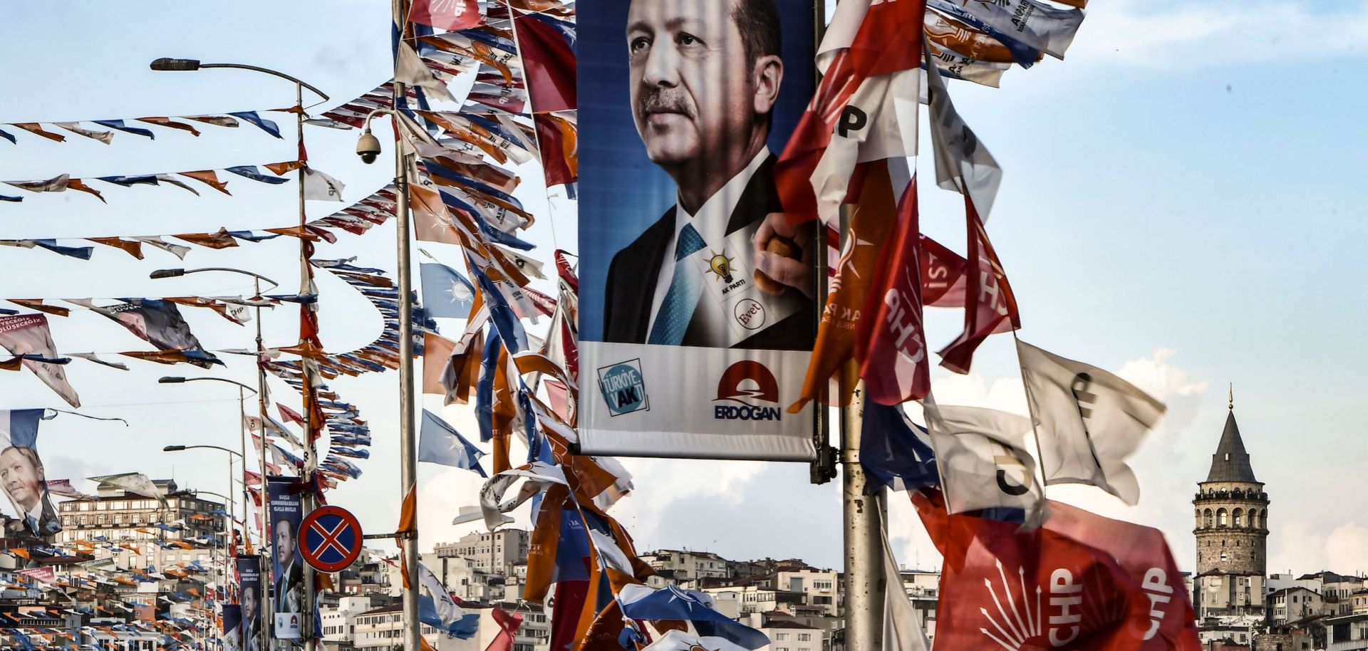 A bridge in Istanbul, Turkey, is festooned with campaign flags for Turkish President Recep Tayyip Erdogan.