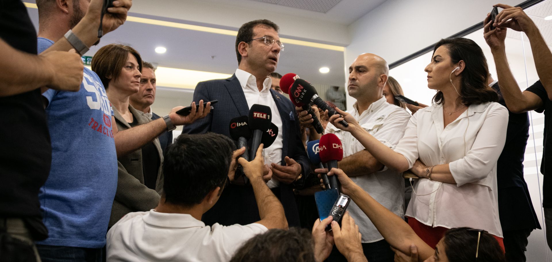 Istanbul Mayor Ekrem Imamoglu speaks to reporters in Istanbul on Sept. 2, 2019, denying accusations from President Recep Tayyip Erdogan that he is linked with terrorists because he visited Diyarbakir following the removal of three Kurdish mayors in Southeast Anatolia.