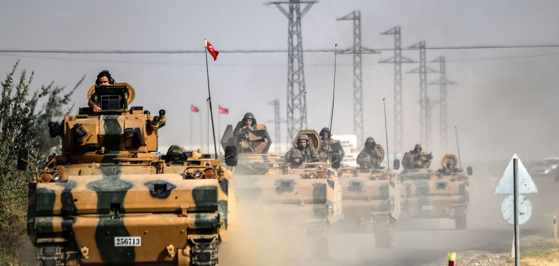  Turkish Army tanks driving to the Syrian Turkish border town of Jarabulus. 
