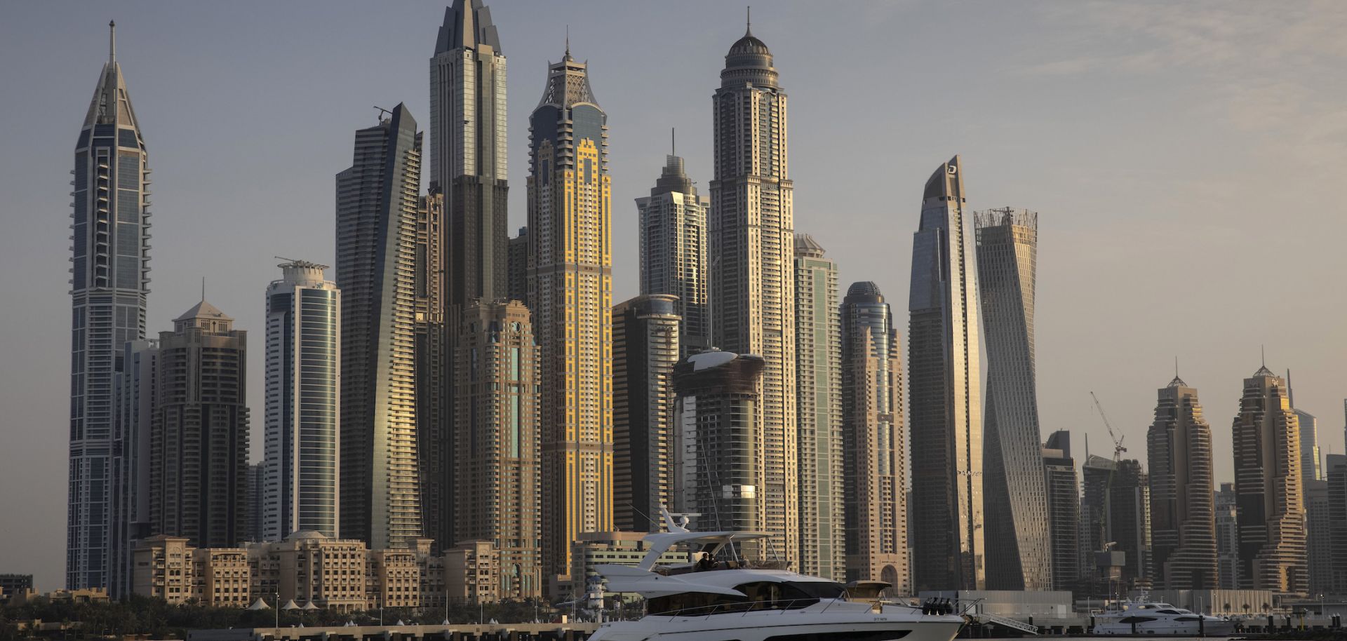  Dubai city skyline is seen from The Five hotel on The Palm on February 24, 2021 in Dubai, United Arab Emirates