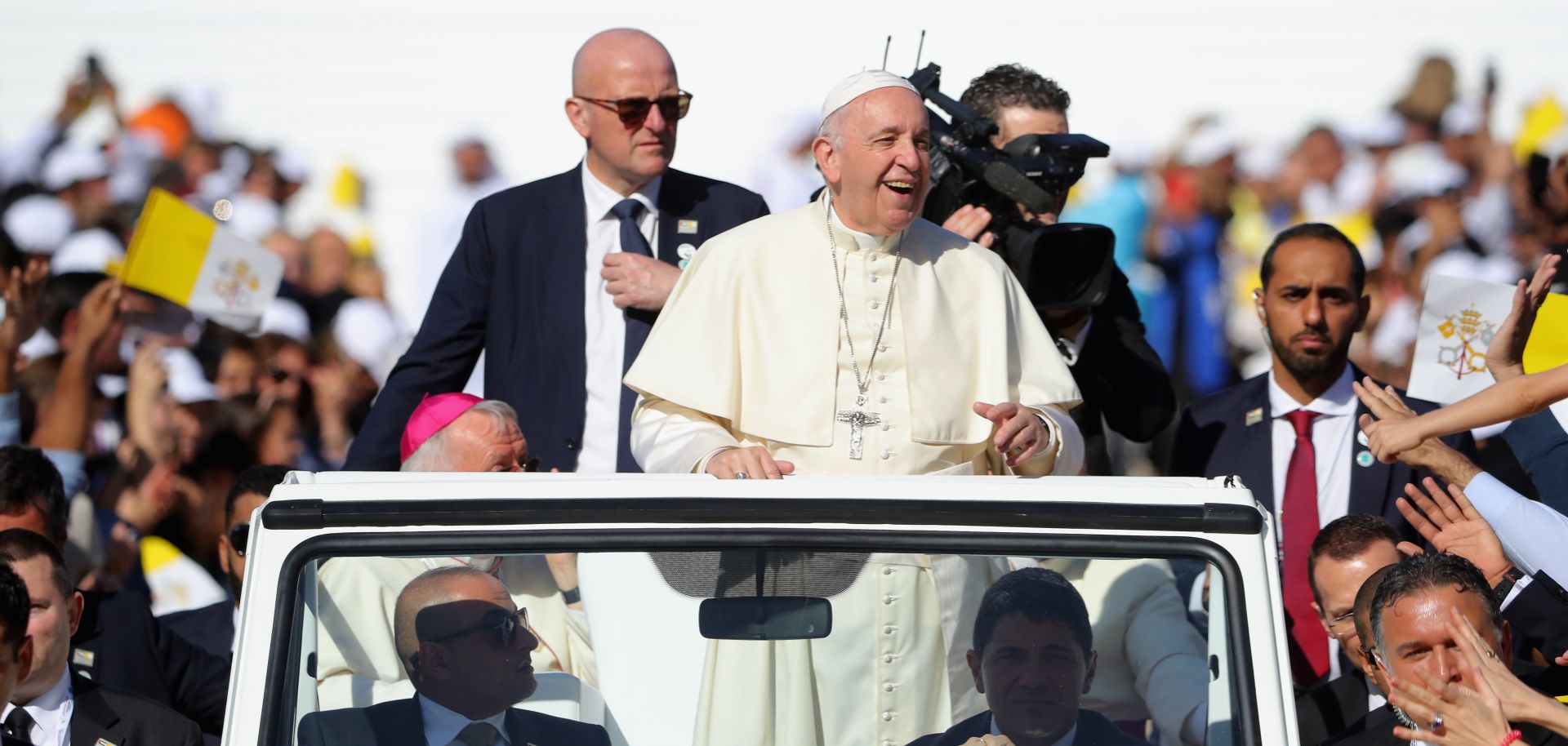 Pope Francis arrives to celebrate Mass at Zayed Sports City Stadium in Abu Dhabi, United Arab Emirates, on Feb. 5, 2019.