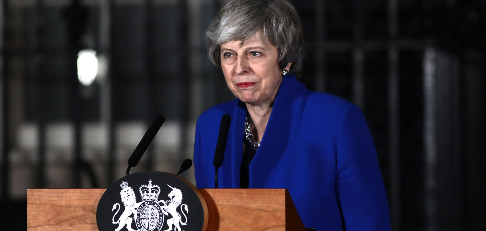 British Prime Minister Theresa May addresses the media at number 10 Downing street after her government defeated a vote of no confidence in the House of Commons, Jan. 16.