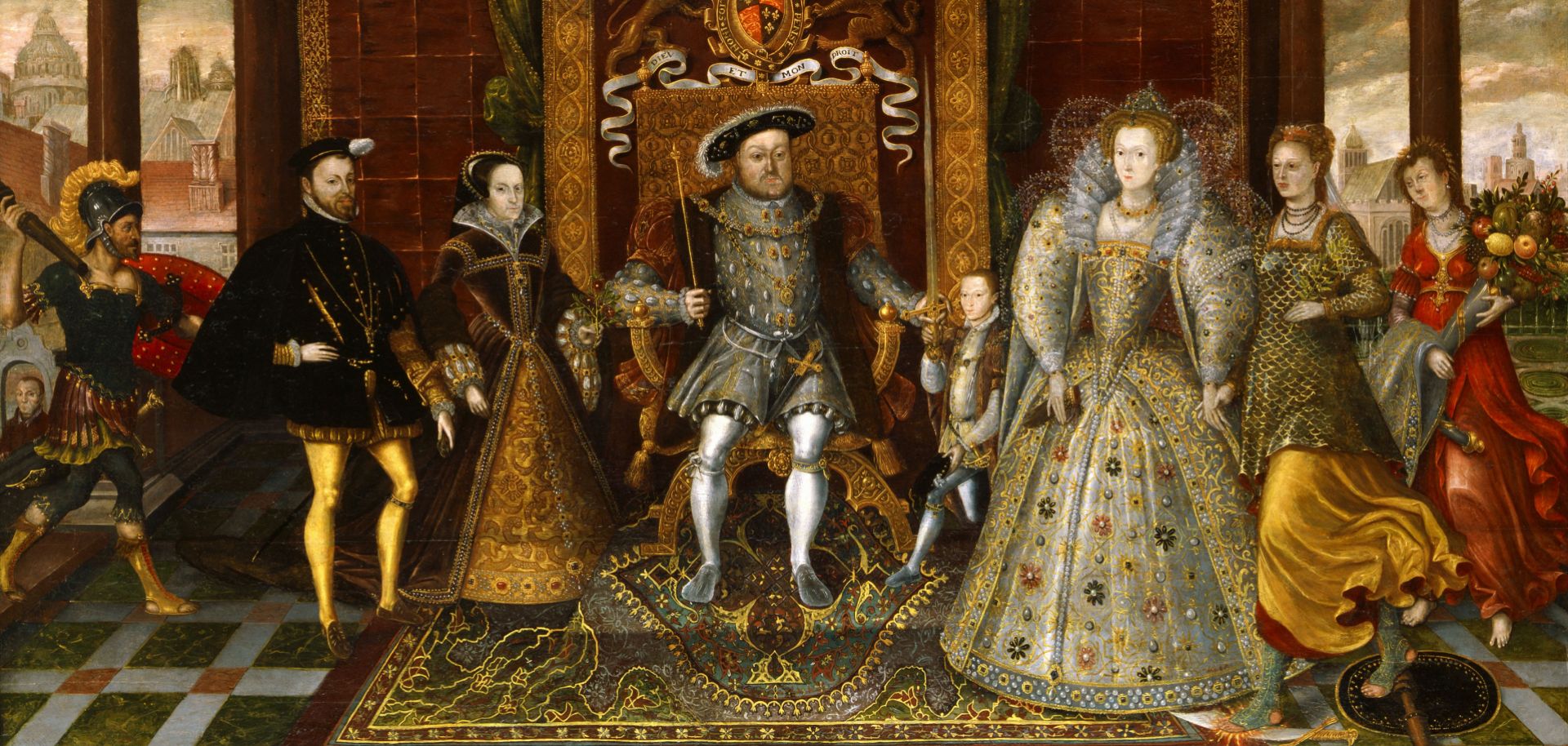 A photograph of "The Family of Henry VIII: An Allegory of the Tudor Succession," a 16th century painting attributed to Lucas de Heere.