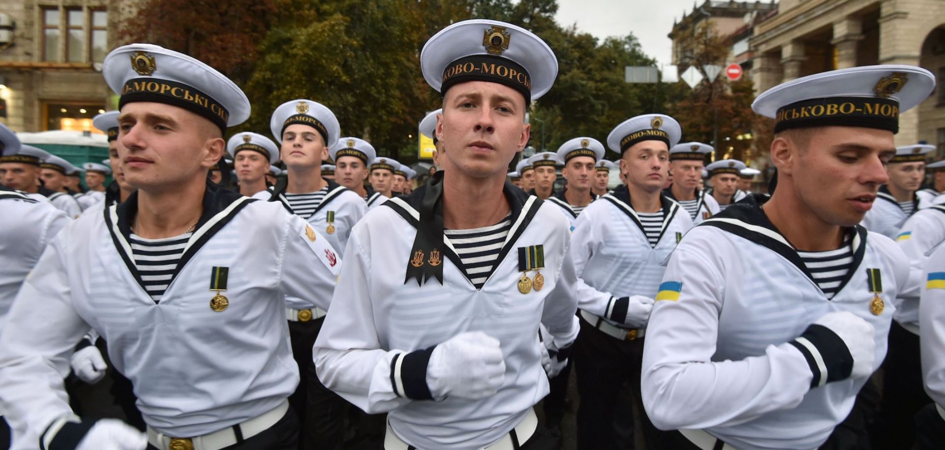 Ukrainian sailors rehearse for a military parade in Kiev during August 2017.