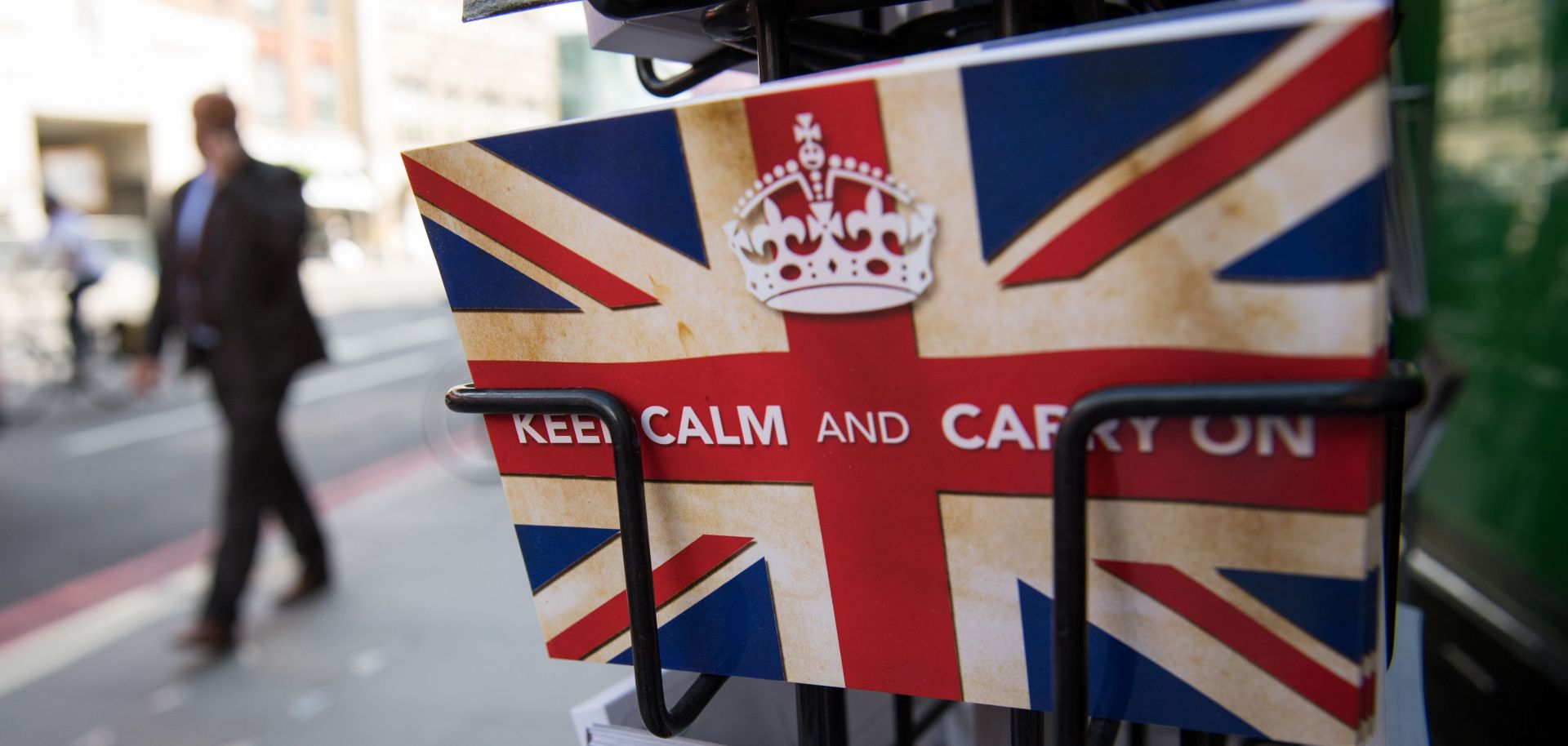 Postcards featuring the World War II British slogan "Keep Calm and Carry On" are seen in London on June 24, 2016.