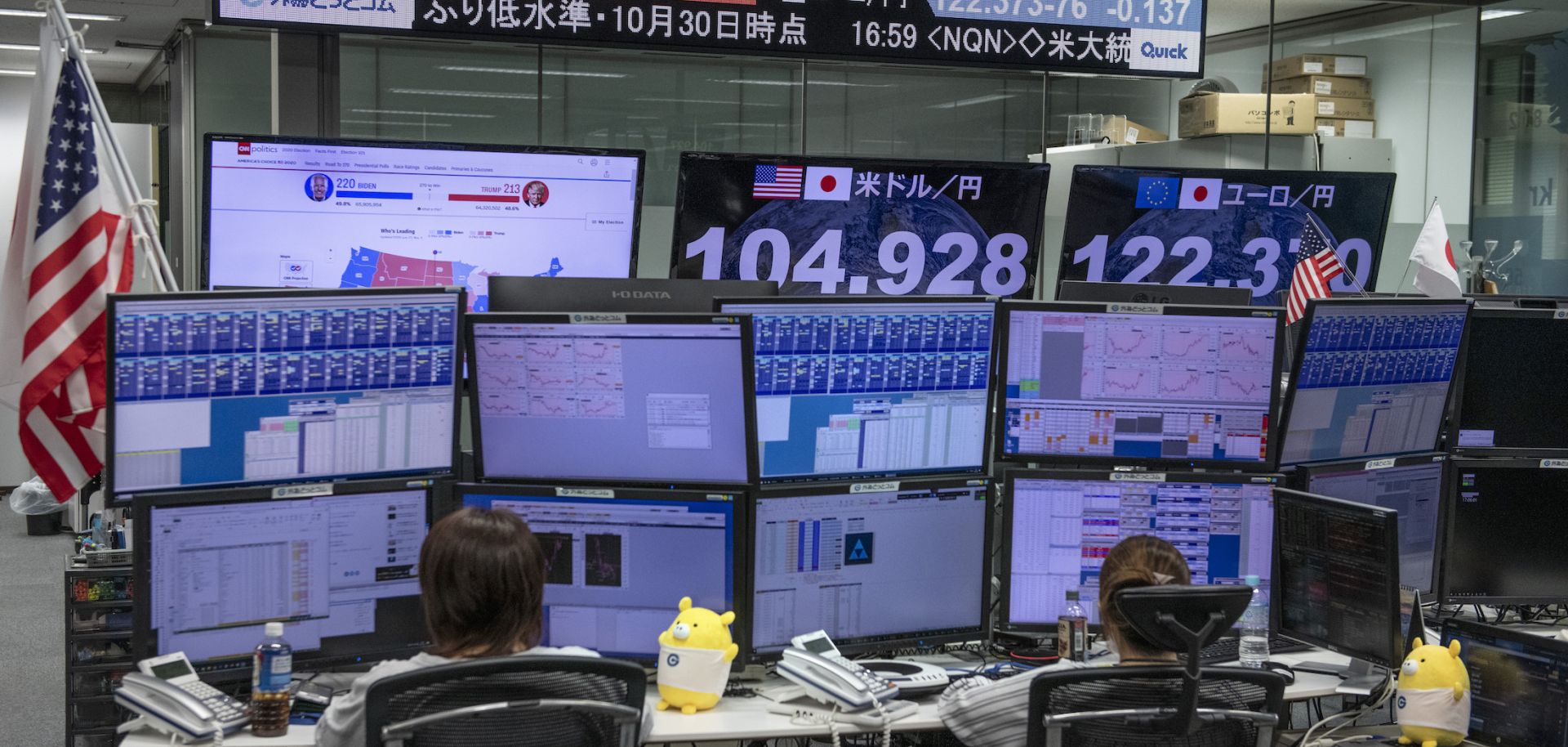 Foreign exchange traders in Tokyo, Japan, monitor screens broadcasting results from the U.S. presidential election on Nov. 4, 2020.