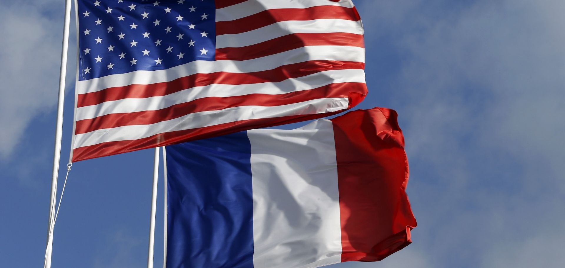 The Flags of France and the United States on June 6, 2017, at Utah Beach, France.