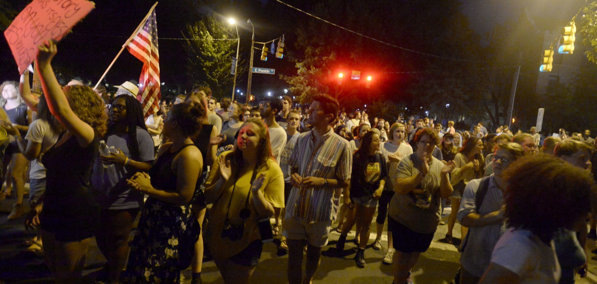 Protesters rally for the removal of a Confederate statue known as Silent Sam from the campus of the University of North Carolina in Chapel Hill on Aug. 22, 2017.