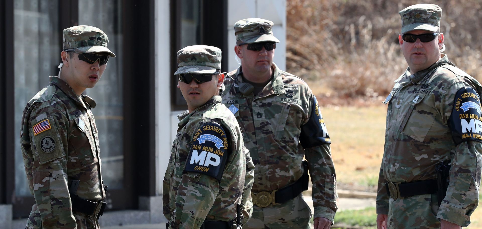 This photo shows U.S. soldiers standing guard in the Korean border village of Panmunjom, located inside the Demilitarized Zone separating South and North Korea, on April 18, 2018.