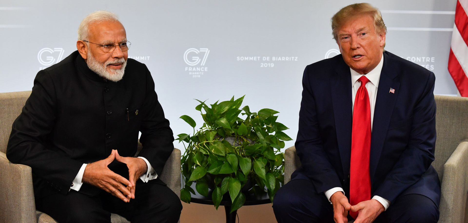 Indian Prime Minister Narendra Modi, left, and U.S. President Donald Trump speak during a bilateral meeting in Biarritz, France, on Aug. 26, 2019, on the third day of the annual G-7 summit.