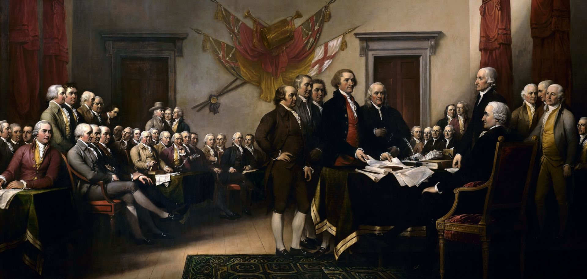 A painting of the Declaration of Independence by John Trumbull (1756-1843). 