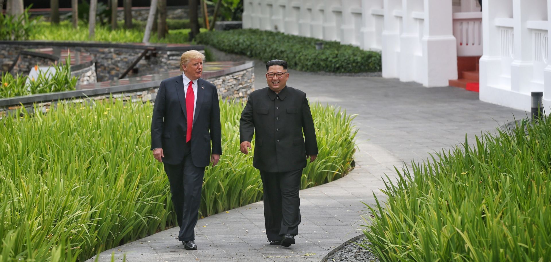 In this photograph, U.S. President Donald Trump (left) and North Korean leader Kim Jong Un are shown during their Singapore summit on June 12, 2018.
