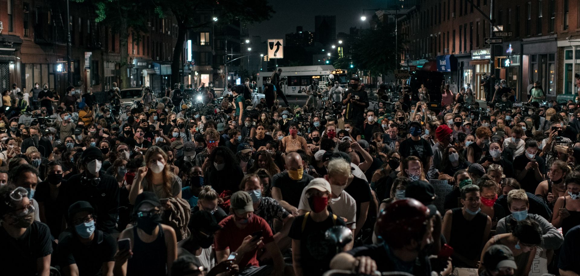 Protesters in New York City kneel at an intersection to demand an end to systemic racism and police brutality on June 11, 2020. 