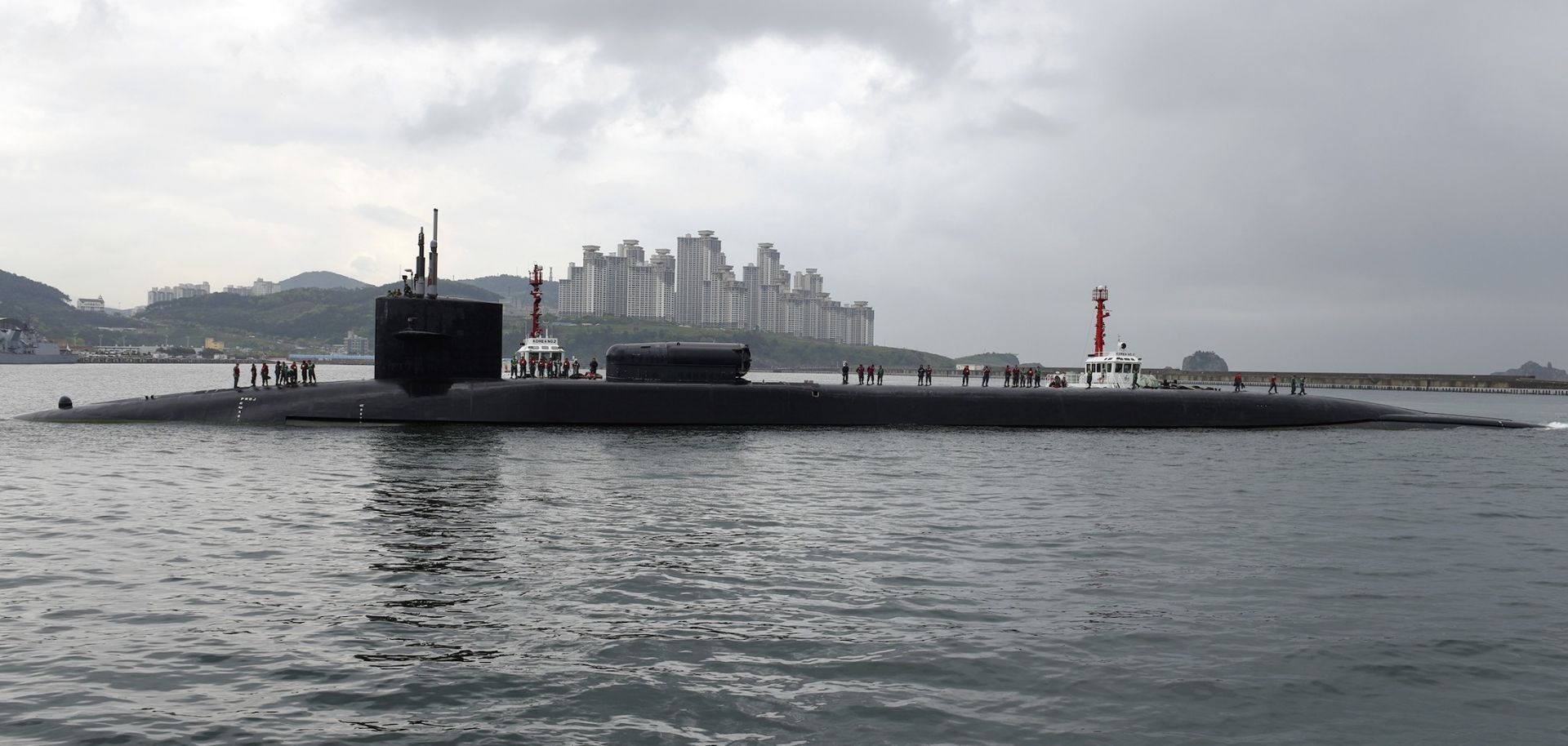 In this handout photo provided by the U.S. Navy, the guided-missile submarine USS Michigan arrives on April 25, 2017, in Busan, South Korea.