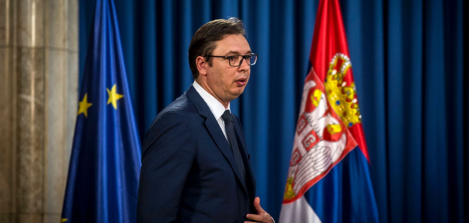 Aleksandar Vucic, Serbia's president, prepares for a press conference June 15, 2017.