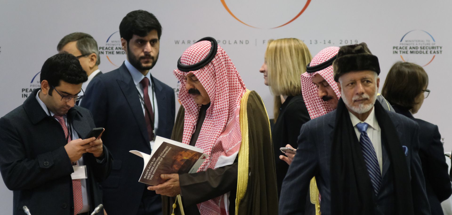 Participants arrive for the opening session of a Middle East security conference held in Warsaw, Poland, on Feb. 14, 2019.