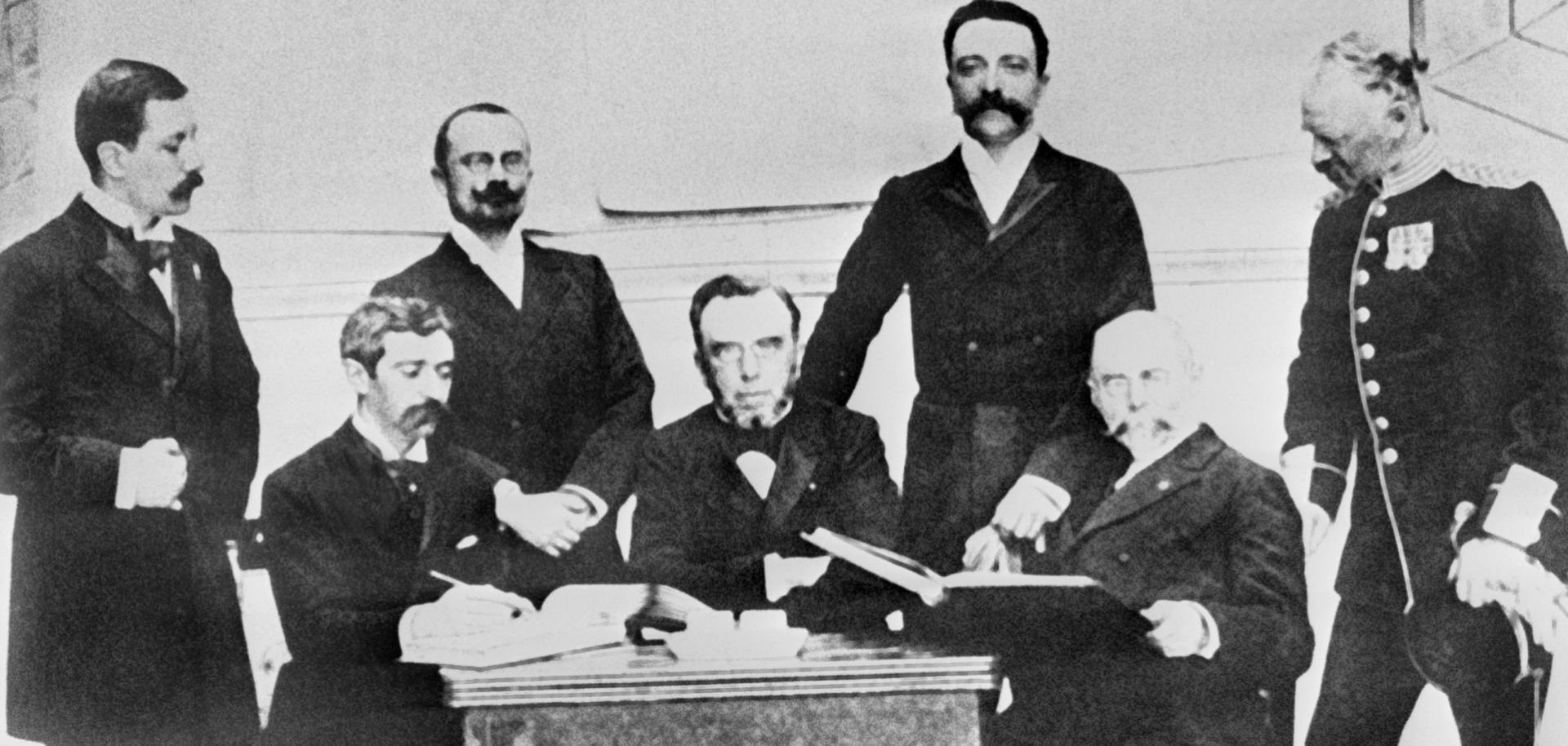 Pierre de Coubertin (sitting, left) poses with members of the first International Olympic Committee in Athens, Greece, in 1896.