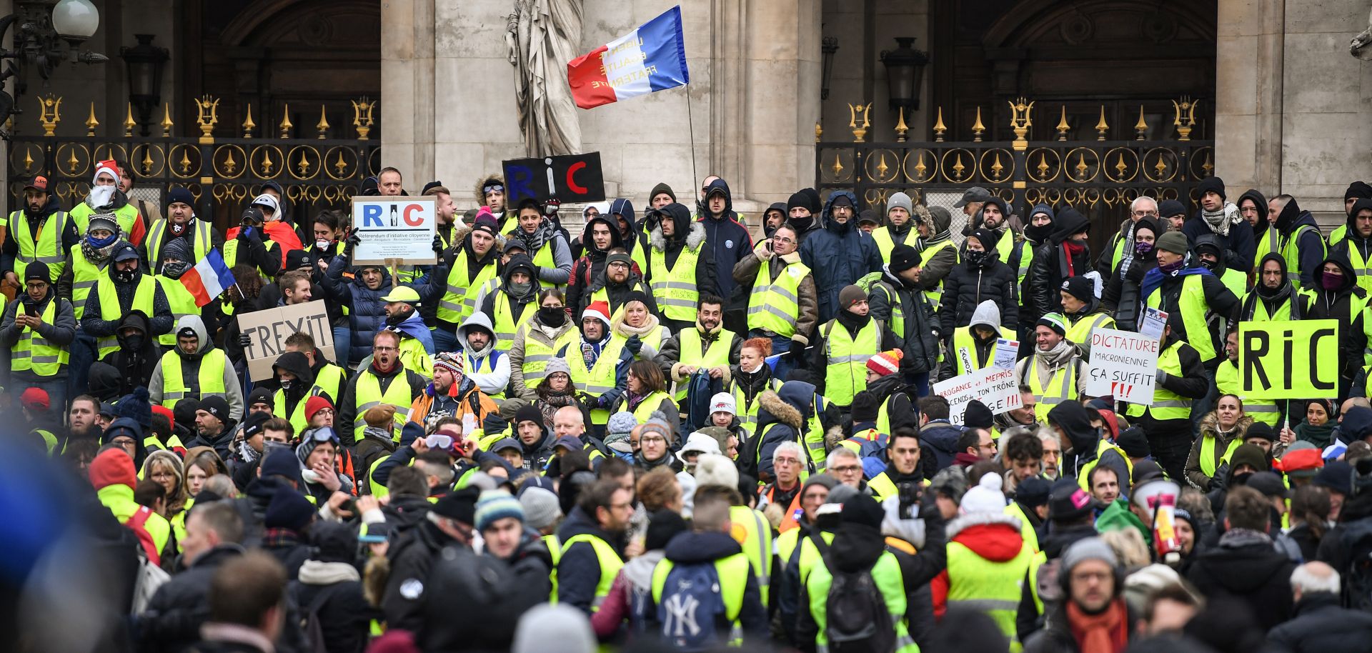 Yellow vest protesters gather at the Place de l'Opera in Paris on Dec. 15, 2018.