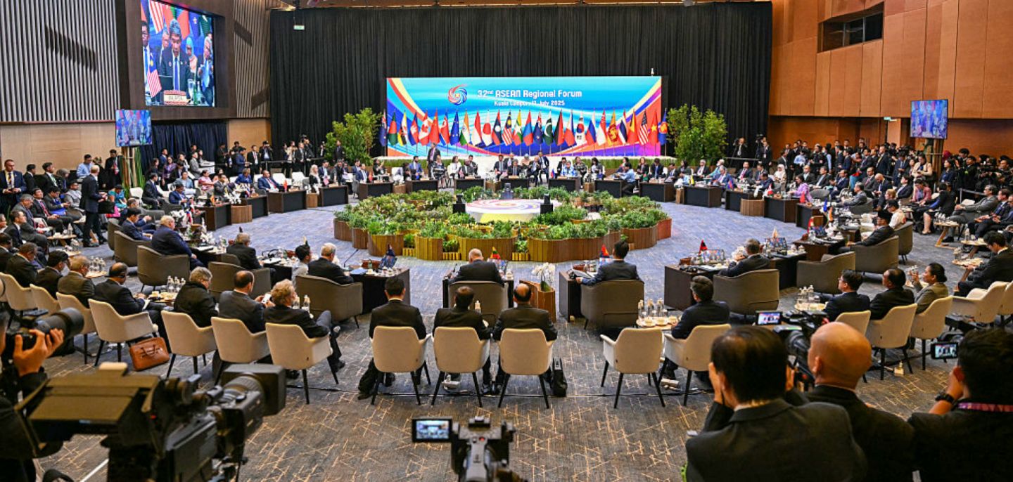 Diplomats attend the 32nd Association of Southeast Asian Nations (ASEAN) Regional Forum during the 58th ASEAN Foreign Ministers' Meeting in Kuala Lumpur on July 11, 2025. 