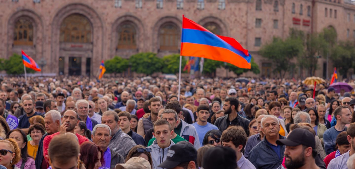 Thousands of Armenians participate in a rally in Yerevan's Republic Square on May 26, 2024. 