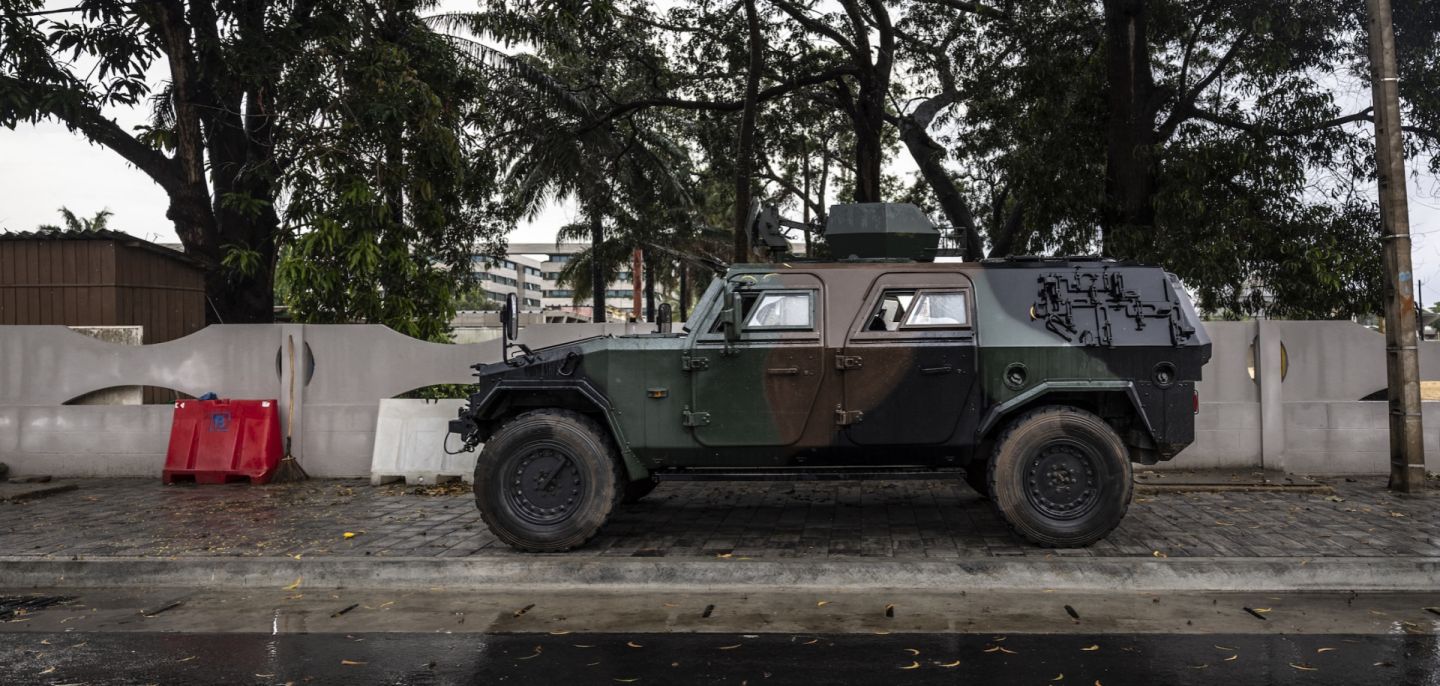 A photo taken on Dec. 8, 2025, shows an armored vehicle at the entrance of a blocked road in Cotonou, Benin, near the headquarters of the state broadcaster Benin TV. A photo taken on Dec. 8, 2025, shows an armored vehicle at the entrance of a blocked road in Cotonou, Benin, near the headquarters of the state broadcaster Benin TV.