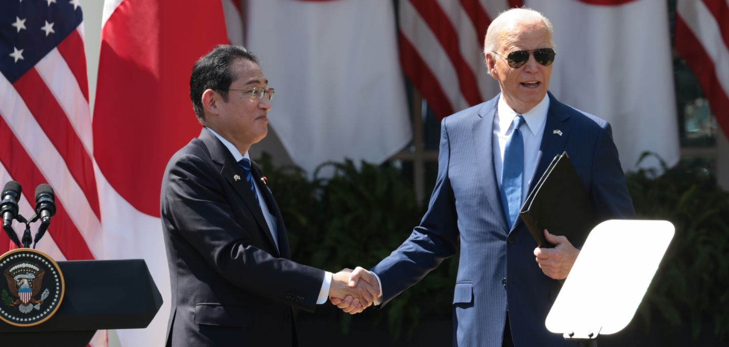 U.S. President Joe Biden (right) and Japanese Prime Minister Fumio Kishida shake hands following a joint press conference in the Rose Garden at the White House on April 10, 2024, in Washington, D.C. 