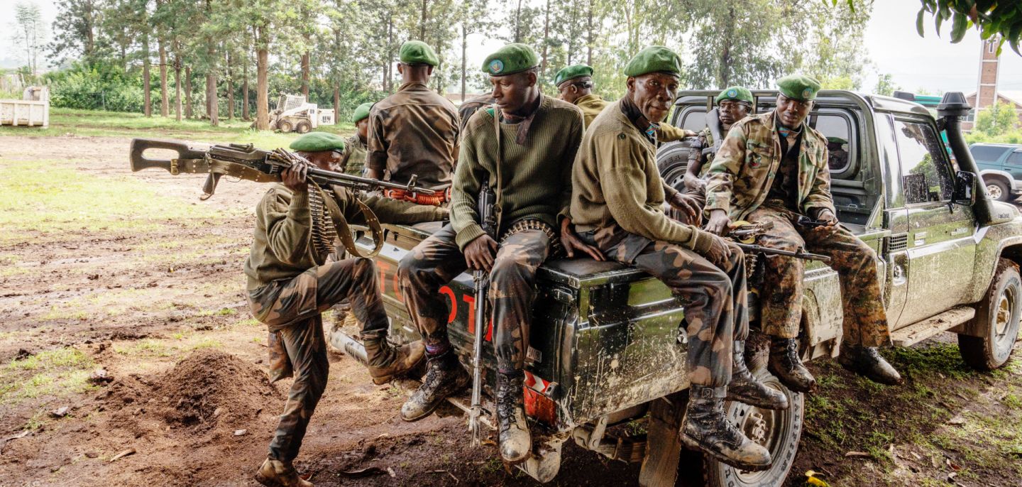 Congolese soldiers sit in a military vehicle in Kamanyola, a village in eastern Democratic Republic of Congo, on Feb. 28, 2024.