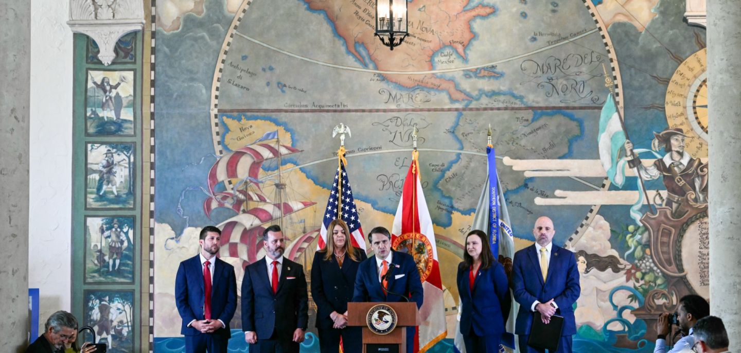 Acting U.S. Attorney General Todd Blanche (center) speaks during a news conference announcing the indictment of former Cuban president Raul Castro, at the Freedom Tower in Miami, Florida, on May 20, 2026.
