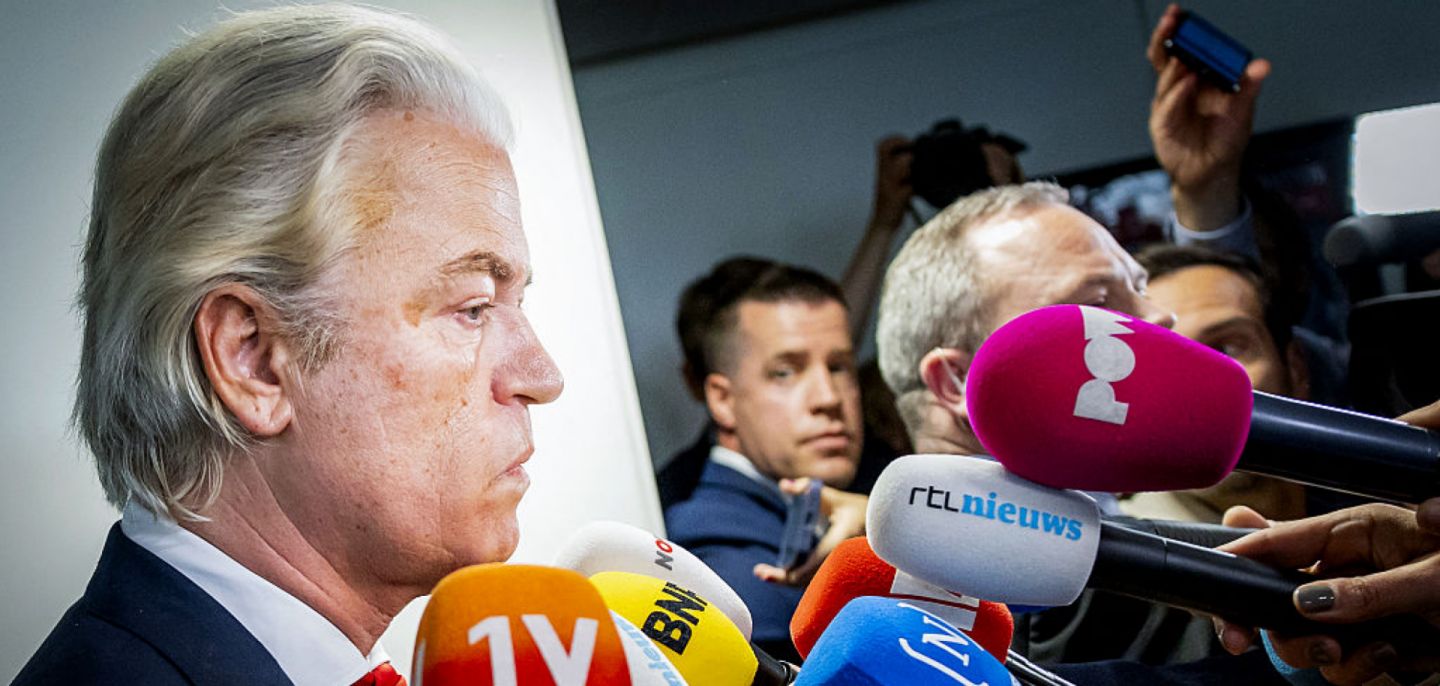 Geert Wilders (left), leader of the far-right Party for Freedom (PVV), addresses the media after attending the weekly coalition talks in The Hague, the Netherlands, on June 3, 2025.