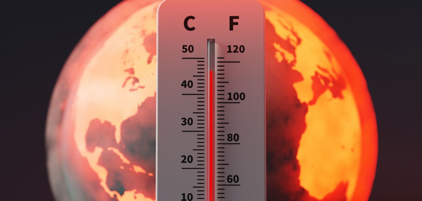 A thermometer reading a high temperature is shown over an image of Earth.