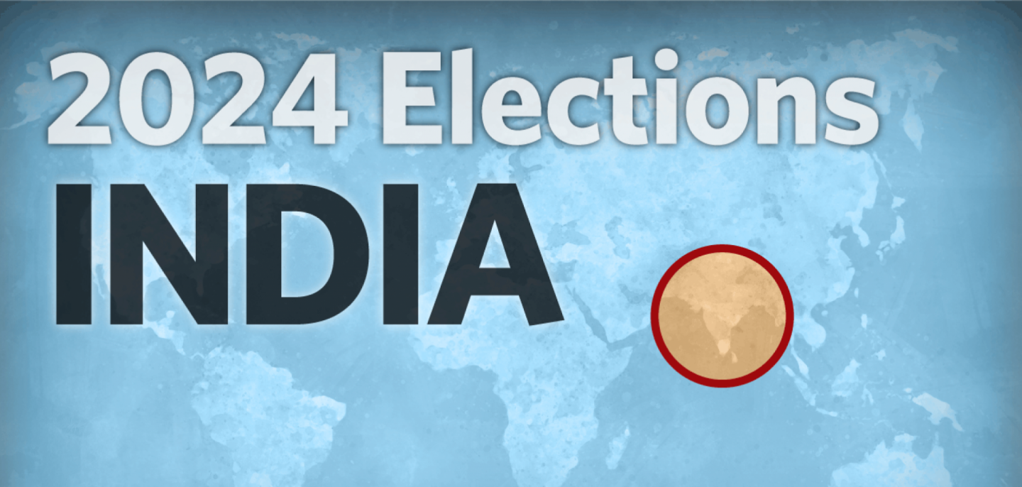 India's 2024 general election, which will be held from April 19 to June 1, will likely result in Prime Minister Narendra Modi and his Bharatiya Janata Party retaining control of the government. An image reading 2024 Elections: India