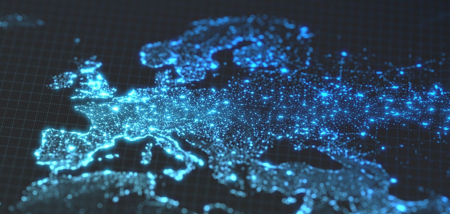 A map of Europe with glowing details of city and human population density areas. 