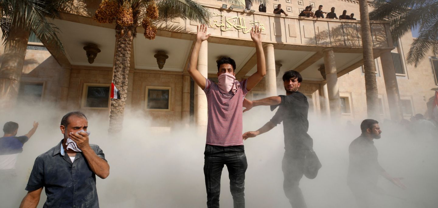 Supporters of Shiite cleric Muqtada al-Sadr gather outside the headquarters of the Iraqi government in Baghdad's Green Zone on Aug. 29, 2022. 