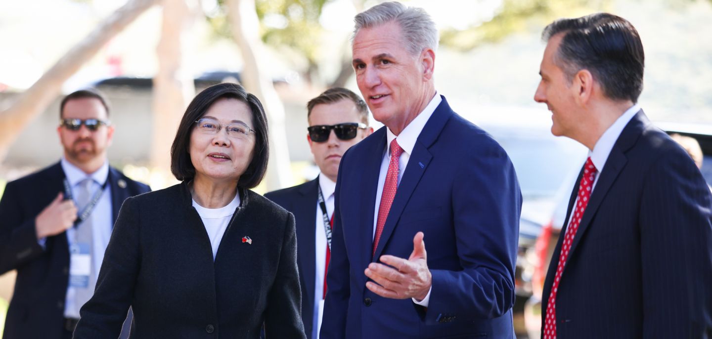 U.S. House Speaker Kevin McCarthy (center right) greets Taiwanese President Tsai Ing-wen (center left) on her arrival at the Ronald Reagan Presidential Library on April 5, 2023, in Simi Valley, California. U.S. House Speaker Kevin McCarthy (center right) greets Taiwanese President Tsai Ing-wen (center left) on her arrival at the Ronald Reagan Presidential Library on April 5, 2023, in Simi Valley, California.