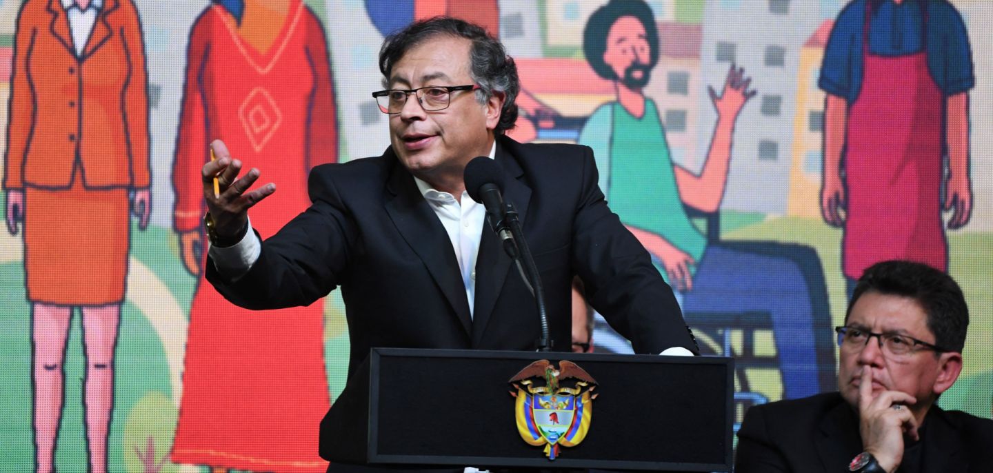 Colombian President Gustavo Petro speaks during a meeting between the government, the National Liberation Army (ELN) guerrilla leadership and civil organizations in Bogota, Colombia, on Aug. 3, 2023. 