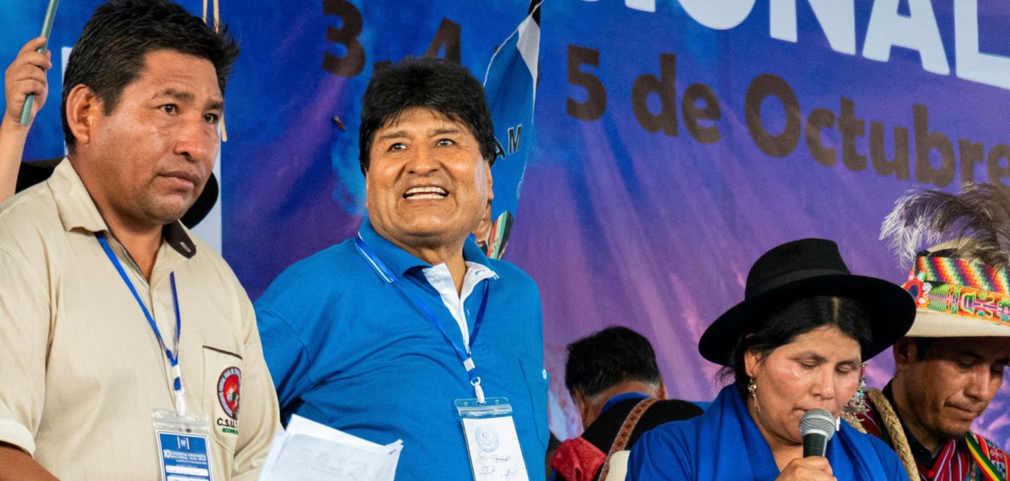 Former Bolivian President Evo Morales (2nd from left) participates in the 10th congress of the Movement for Socialism (MAS) party on Oct. 4, 2023. Former Bolivian President Evo Morales (2nd from left) participates in the 10th congress of the Movement for Socialism (MAS) party on Oct. 4, 2023.