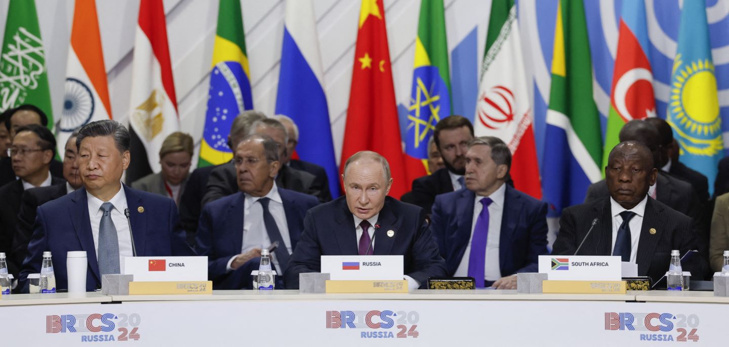 (From left to right) Chinese President Xi Jinping, Russian President Vladimir Putin, and South African President Cyril Ramaphosa attend a plenary session at the BRICS summit in Kazan on Oct. 24, 2024.