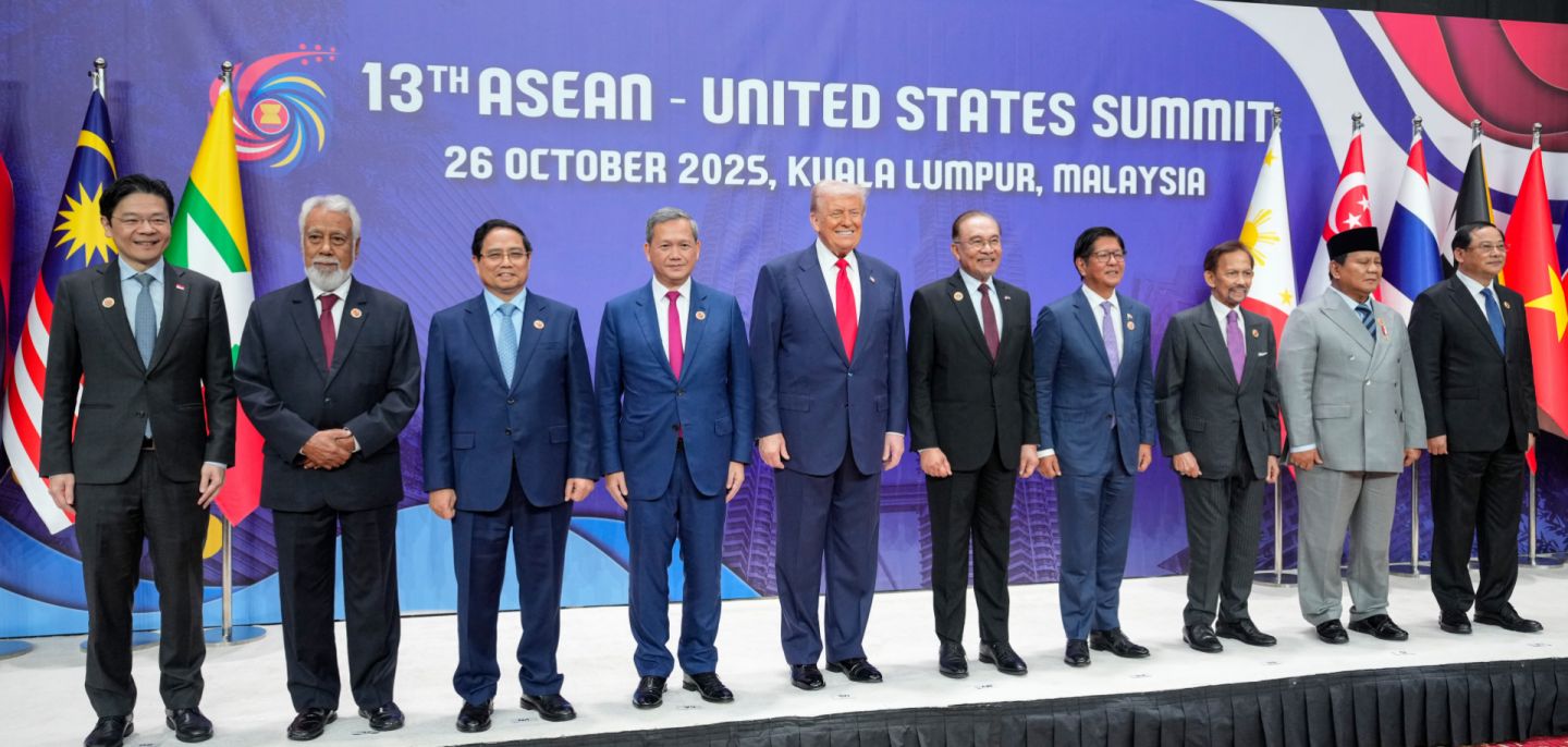 U.S. President Donald Trump (center) poses for a group photo with the leaders of (L-R) Singapore, East Timor, Vietnam, Cambodia, Malaysia, the Philippines, Brunei, Indonesia and Laos during the ASEAN leaders summit on Oct. 26, 2025.  U.S. President Donald Trump (center) poses for a group photo with the leaders of (L-R) Singapore, East Timor, Vietnam, Cambodia, Malaysia, the Philippines, Brunei, Indonesia and Laos during the ASEAN leaders summit on Oct. 26, 2025.