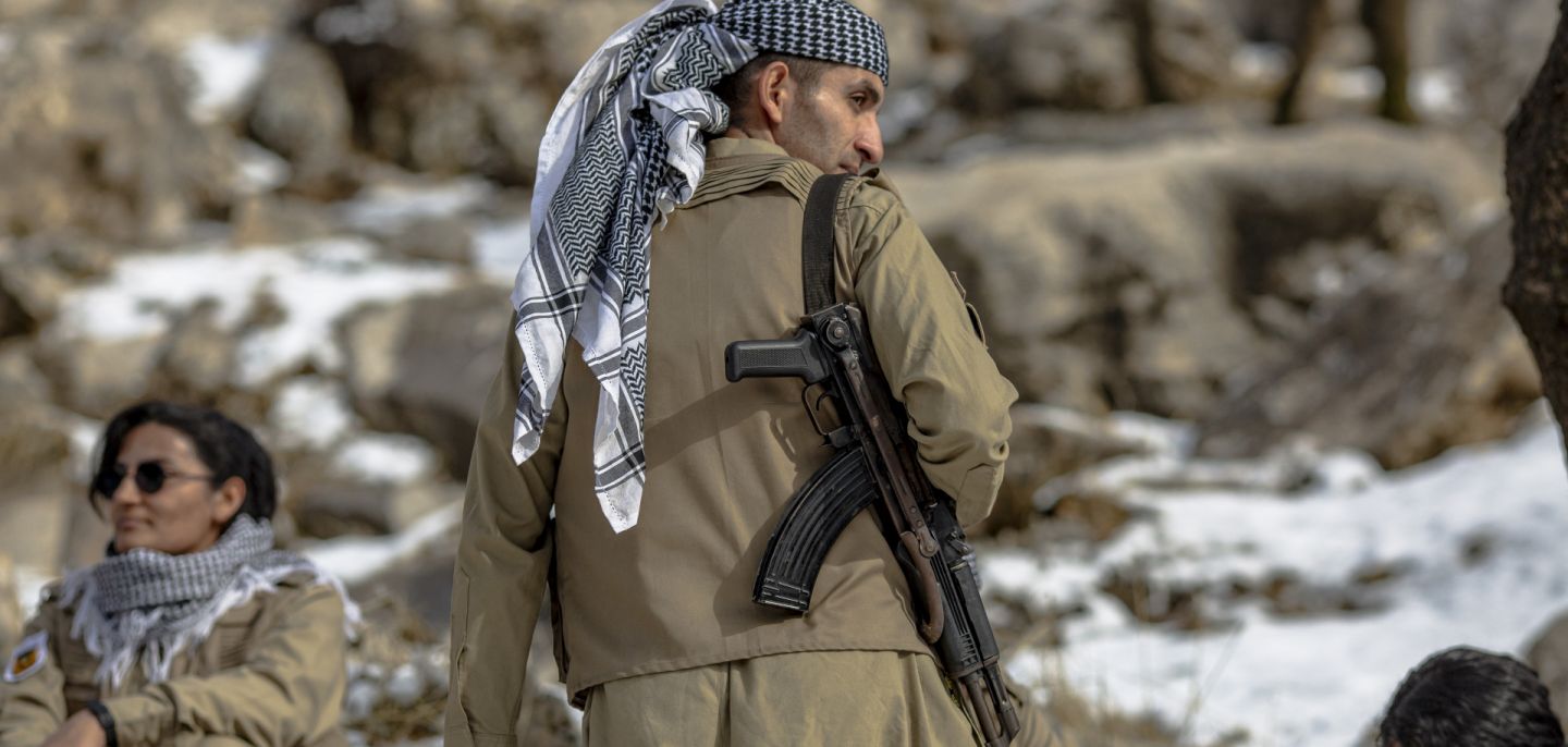 Members of the Kurdistan Democratic Party of Iran (KDPI) participate in a military drill in an outpost near Arbil, in the Kurdistan region of Iraq, on Jan. 15, 2026.