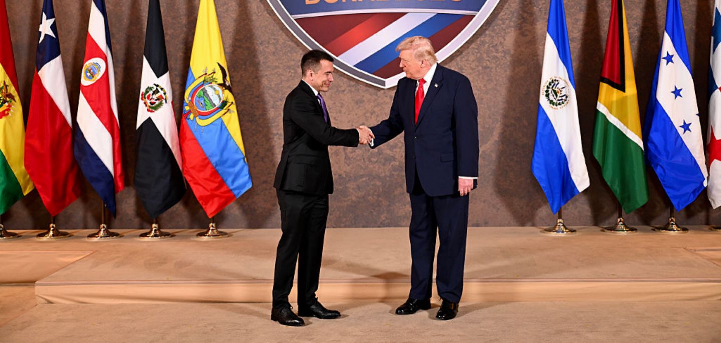 U.S. President Donald Trump greets Ecuadorian President Daniel Noboa at his "Shield of the Americas" summit, a gathering with heads of state and government officials from 12 countries in the Americas at the Trump National Doral Golf Club on March 7, 2026, in Doral, Florida. 