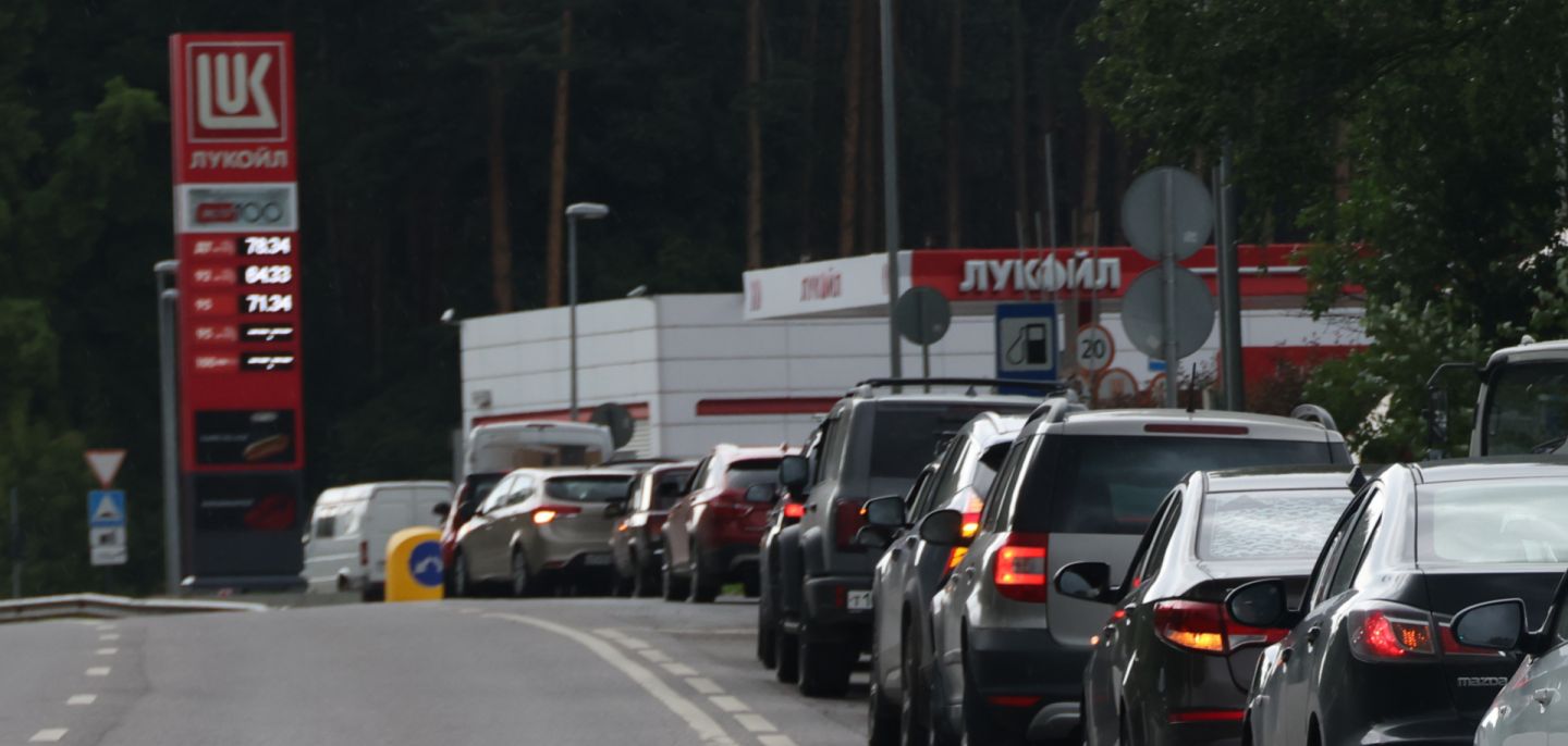 Cars stand in line for gasoline at a Lukoil gas station on July 8, 2026, outside of Moscow, Russia. Cars stand in line for gasoline at a Lukoil gas station on July 8, 2026, outside of Moscow, Russia.