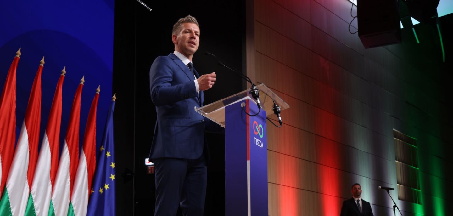 Peter Magyar, lead candidate of the Tisza party, speaks to reporters in Budapest on April 13, 2026, after his party's sweeping victory in Hungary's parliamentary elections.
