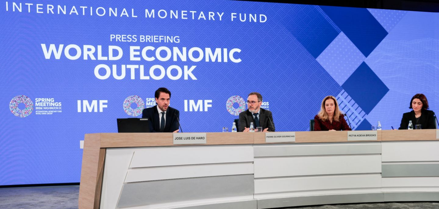 IMF officials participate in an economic outlook briefing in Washington, D.C., on April 14, 2026. IMF officials participate in an economic outlook briefing in Washington, D.C., on April 14, 2026.