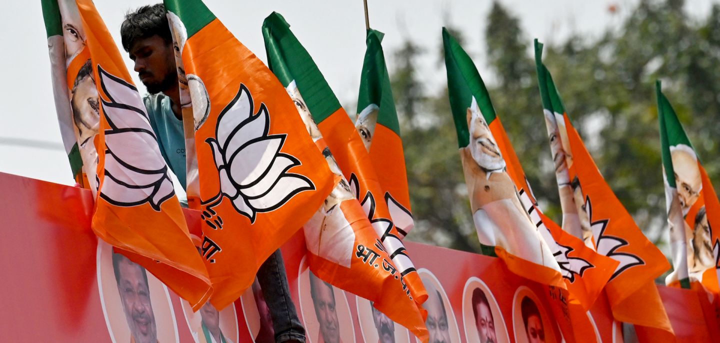 Bharatiya Janata Party flags on April 15 in the Indian city of Raipur.