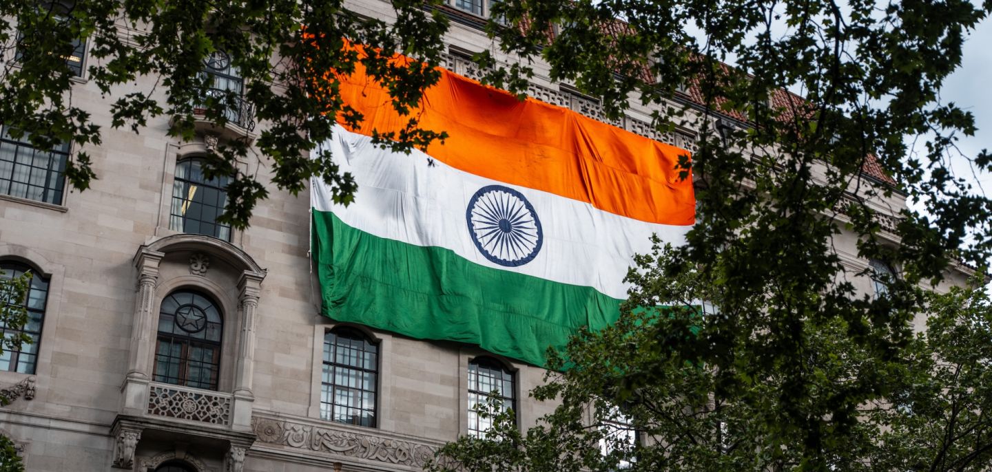 A giant Indian flag is displayed from the country's embassy in London on May 7, 2025.