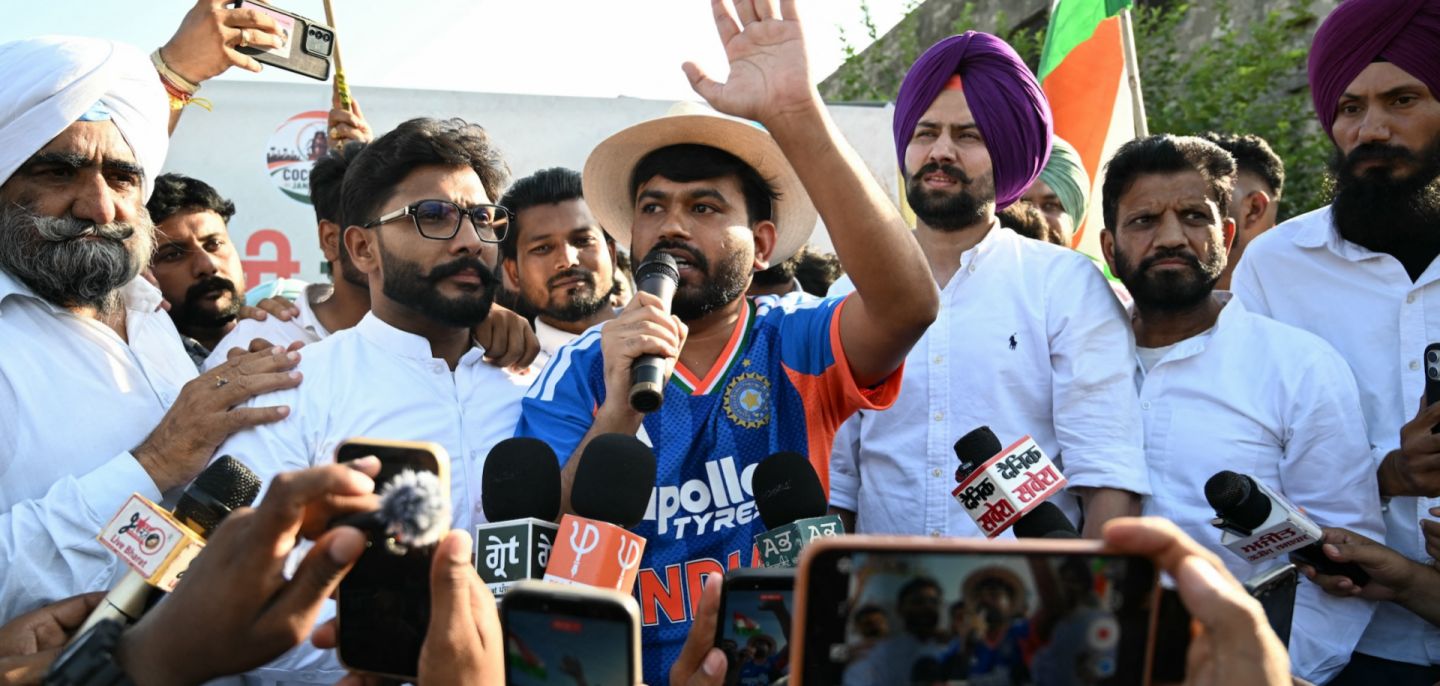 Cockroach Janta Party founder Abhijeet Dipke (center) participates in a protest in Amritsar, India, on June 13, 2026. Cockroach Janta Party founder Abhijeet Dipke (center) participates in a protest in Amritsar, India, on June 13, 2026.